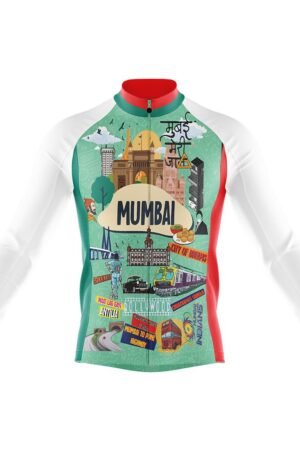 Long sleeve cycling jersey with vibrant Mumbai doodle design, white sleeves, and red side panels.