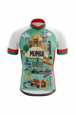 Half sleeve cycling jersey with vibrant Mumbai doodle design, white sleeves, and red side panels.