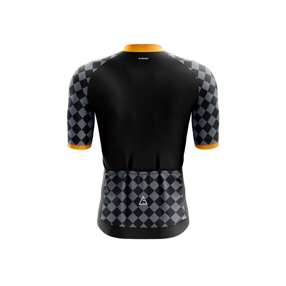 Introducing our latest addition – a sleek cycling jersey in striking black, accentuated by sophisticated black and grey checkered sleeves.