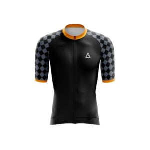 Introducing our latest addition - a sleek cycling jersey in striking black, accentuated by sophisticated black and grey checkered sleeves.