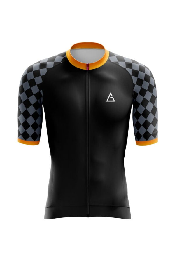 Black Vector race fit cycling jersey front view with aerodynamic fit