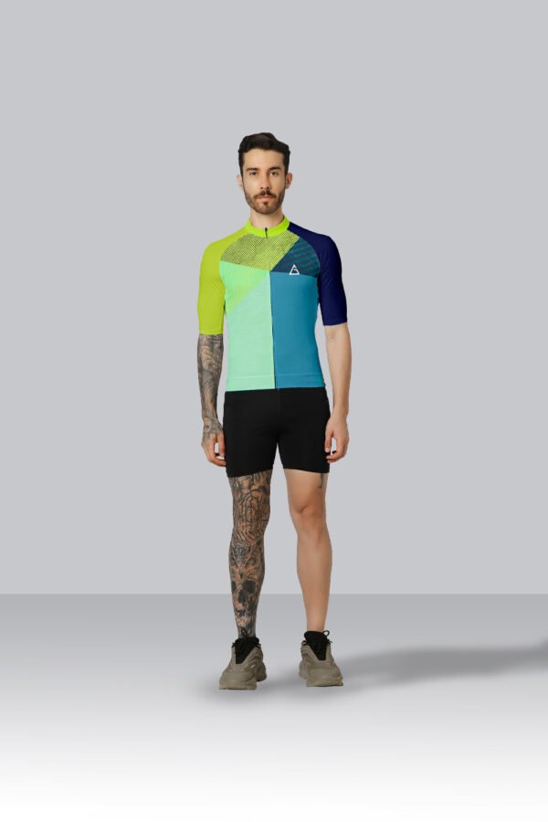 Young cyclist wearing a custom Youth Cycling Jersey Race Fit in Azure Oasis design.