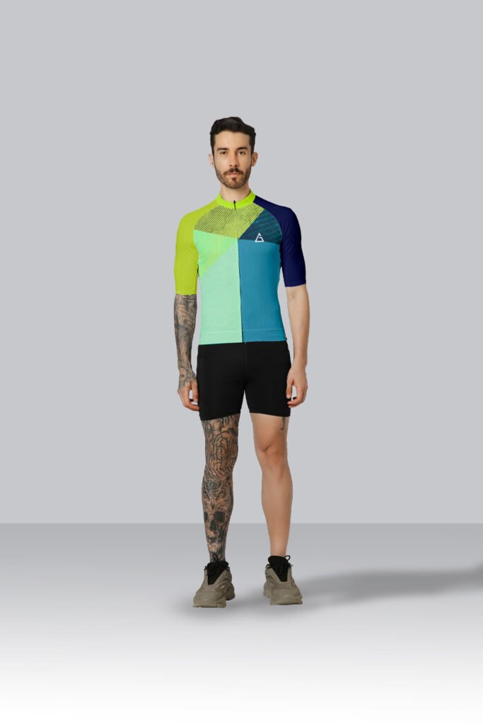 Young cyclist wearing a custom Youth Cycling Jersey Race Fit in Azure Oasis design.