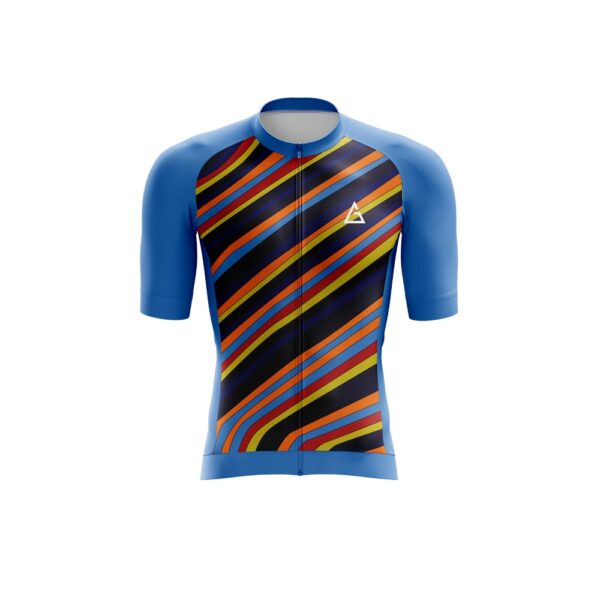 Experience the perfect blend of style and functionality with our cycling jersey in a captivating dark blue shade adorned with a mesmerizing mixture of multi-color accents.