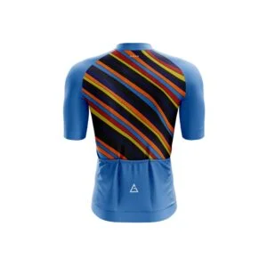 Experience the perfect blend of style and functionality with our cycling jersey in a captivating dark blue shade adorned with a mesmerizing mixture of multi-color accents.