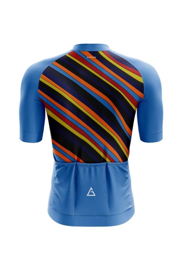 Experience the perfect blend of style and functionality with our cycling jersey in a captivating dark blue shade adorned with a mesmerizing mixture of multi-color accents.