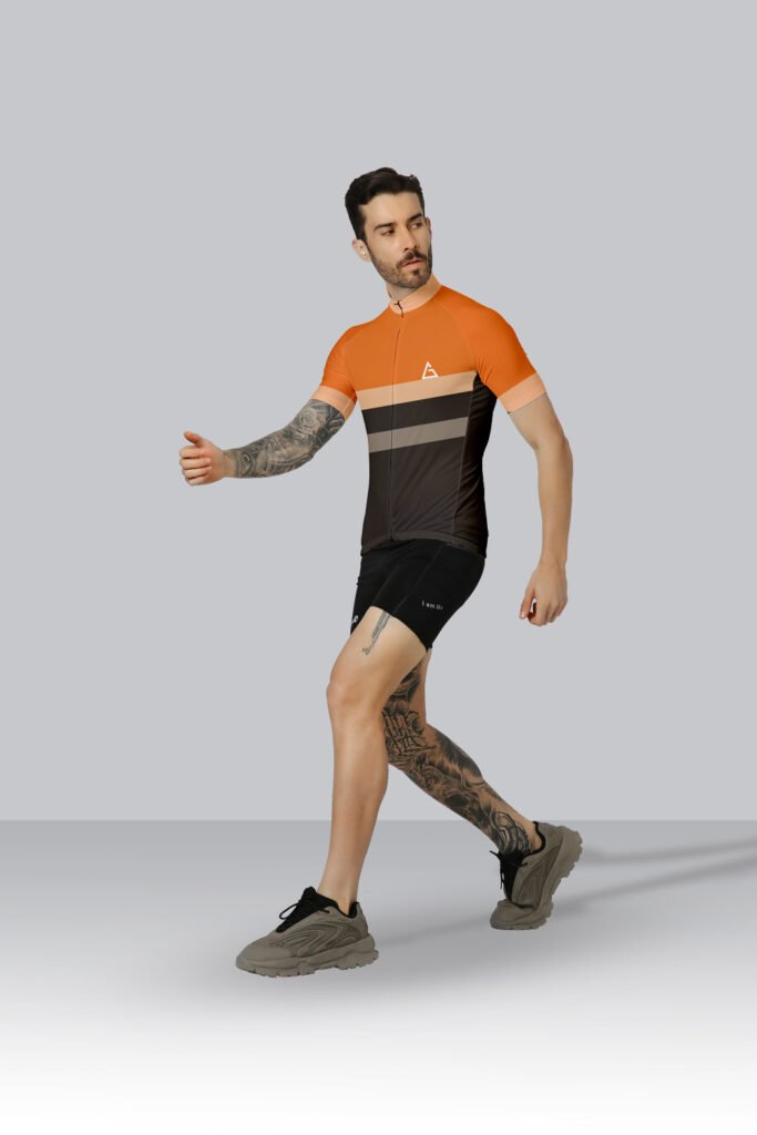 Cyclist wearing a sublimated race fit cycling jersey with vibrant design for high-speed performance.