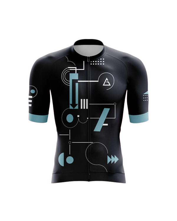 Race fit cycling apparel Noir Equation front view with aerodynamic fit