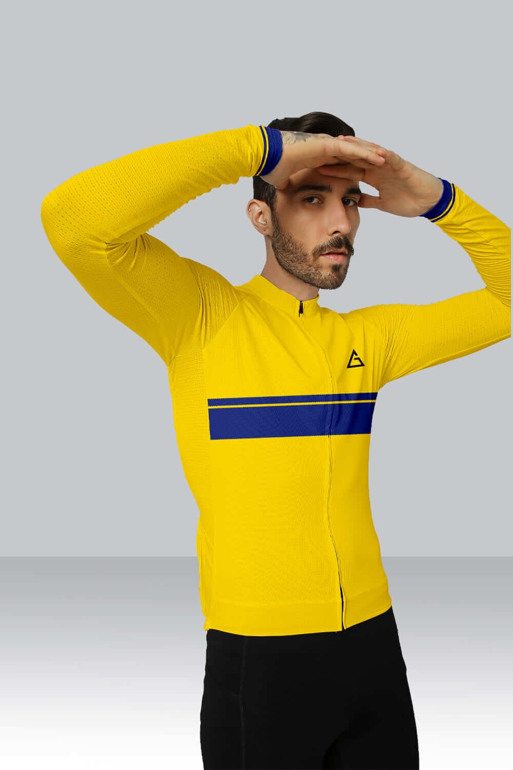 cycling wearing our Cool Cycling T-Shirt Race Fit – lightweight, moisture-wicking, and customizable for ultimate comfort and speed.