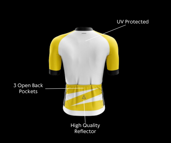 Detailed specifications of the back image of Cycling Race Fit Jersey by Aidon Global, highlighting fabric, fit, and performance-enhancing features