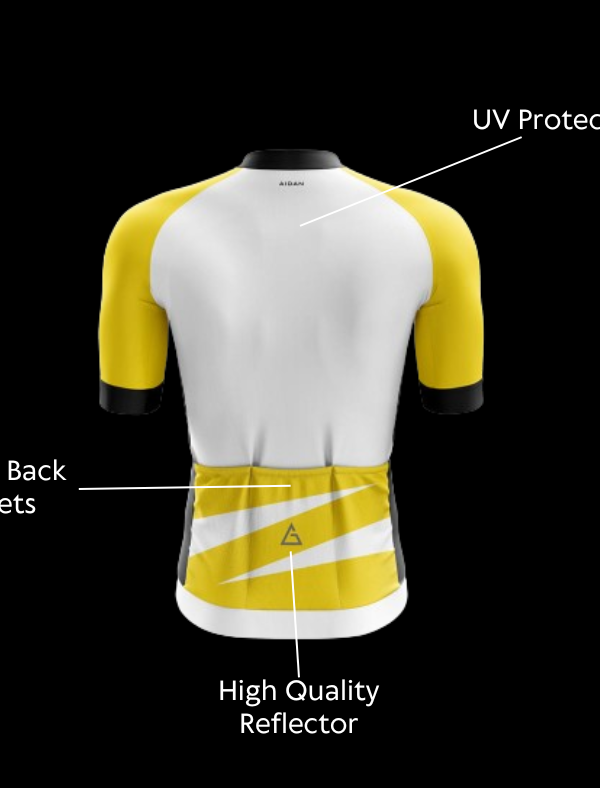 Detailed specifications of the back image of Cycling Race Fit Jersey by Aidon Global, highlighting fabric, fit, and performance-enhancing features