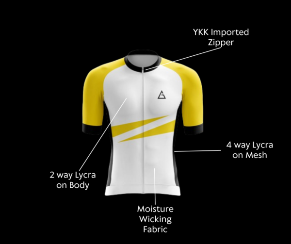 Detailed specifications of the front image of Race Fit Jersey by Aidon Global, highlighting fabric, fit, and performance-enhancing features