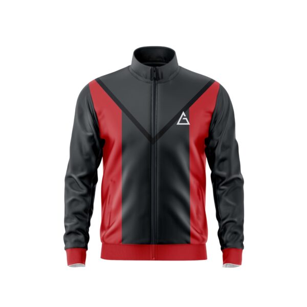 Front view of Aidan Global Apex Trailblazer Jacket in black and red with sleek design and logo detailing.