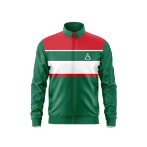 Front view of the Heritage Fusion Jacket by Aidan Global in green, white, and red with a bold stripe pattern and sleek design.