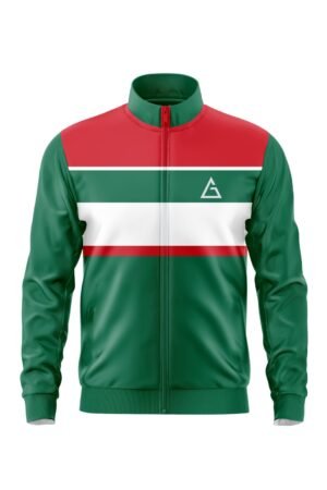Front view of the Heritage Fusion Jacket by Aidan Global in green, white, and red with a bold stripe pattern and sleek design.