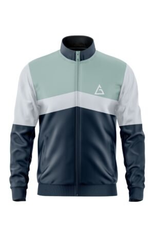 Front view of the Horizon Trailblazer Jacket in mint green, white, and navy with a sleek color-blocked design and logo detailing.
