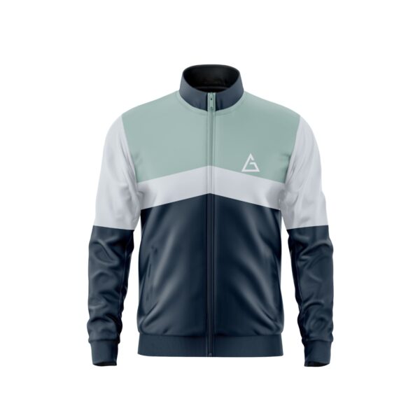 Front view of the Horizon Trailblazer Jacket in mint green, white, and navy with a sleek color-blocked design and logo detailing.