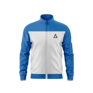 Front view of the Skyline Essence Jacket by Aidan Global in blue and white with a clean, minimalistic design and sleek finish.