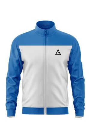 Front view of the Skyline Essence Jacket by Aidan Global in blue and white with a clean, minimalistic design and sleek finish.