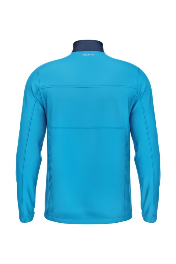 Back view of Skyline Motion Jacket showcasing the clean and modern chevron design in blue, navy, and white.