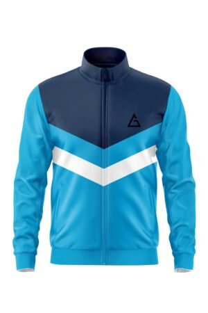 Front view of Skyline Motion Jacket in blue, navy, and white with a sleek chevron design and Aidan Global logo.
