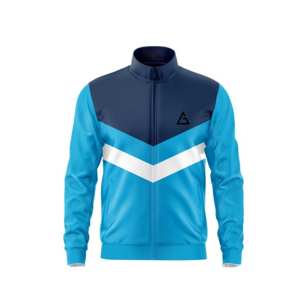 Front view of Skyline Motion Jacket in blue, navy, and white with a sleek chevron design and Aidan Global logo.