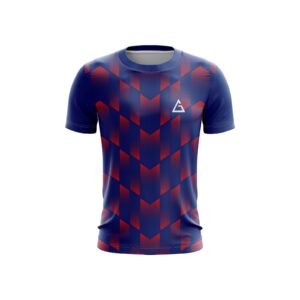 Front view of the Triblaze Blue and Red Geometric Soccer Jersey for Men, featuring a bold geometric pattern, breathable fabric, and a modern athletic fit