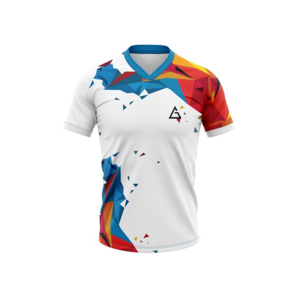 Vibrant soccer jersey with a bold geometric design, made from lightweight, moisture-wicking fabric for comfort and durability