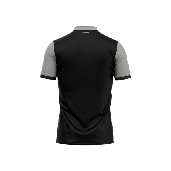 Back view of premium cricket jersey showcasing a sleek grey and black design with red accents, half-sleeves, and breathable material for comfort and performance