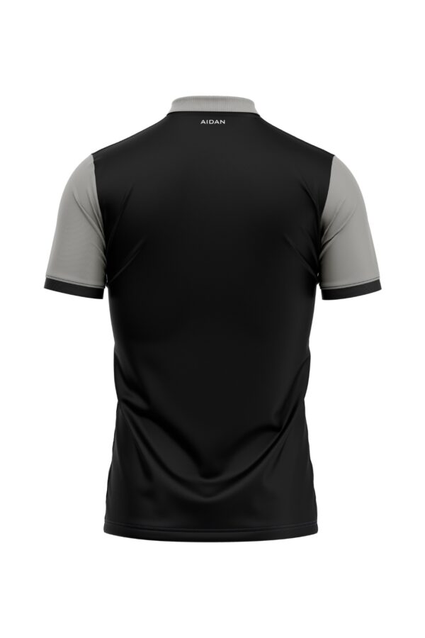 Back view of premium cricket jersey showcasing a sleek grey and black design with red accents, half-sleeves, and breathable material for comfort and performance