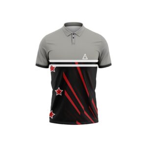 Front view of premium cricket jersey with half-sleeve design in grey and black, featuring red star accents and diagonal stripes for style and functionality