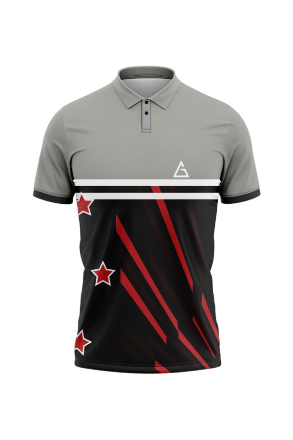 Front view of shadow strike polo custom cricket jersey grey black design
