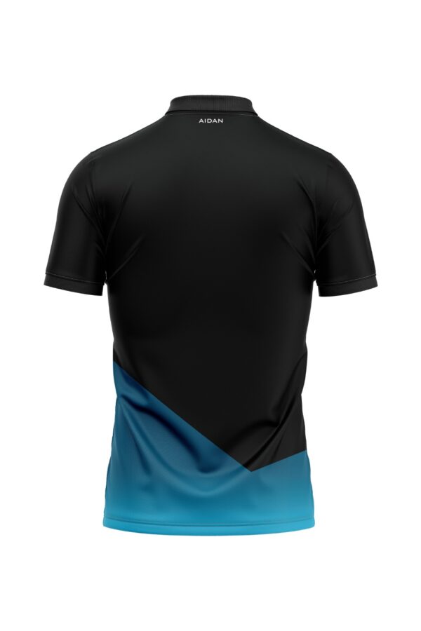Back view of Aidan Global Dynamic Edge Cricket Jersey highlighting the clean black and blue design with a tailored fit for enhanced performance and style