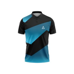 Front view of Aidan Global Dynamic Edge Cricket Jersey with a black and blue diagonal pattern, polo collar, and sleek design for cricket players