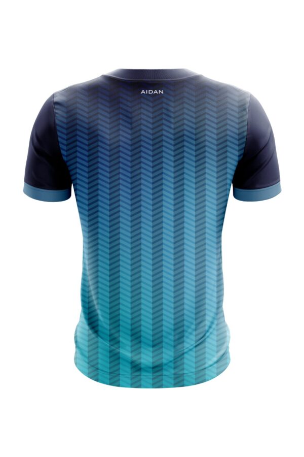 Back view of the Aidon Vertex Pro customised soccer jersey by Aidon Global, showcasing a seamless chevron gradient design in navy and teal with a clean finish