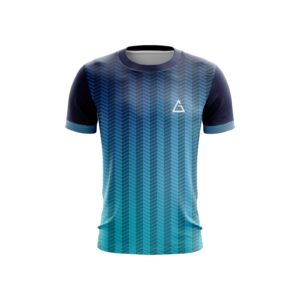 Front view of the Aidon Vertex Pro customised soccer jersey by Aidon Global, featuring a sleek chevron gradient design in navy and teal with short sleeves