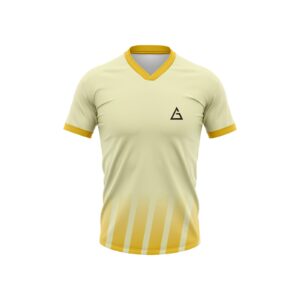 Front view of the Aidan Global Golden Horizon Soccer Jersey with pastel yellow tones, golden accents, and a sleek V-neck design