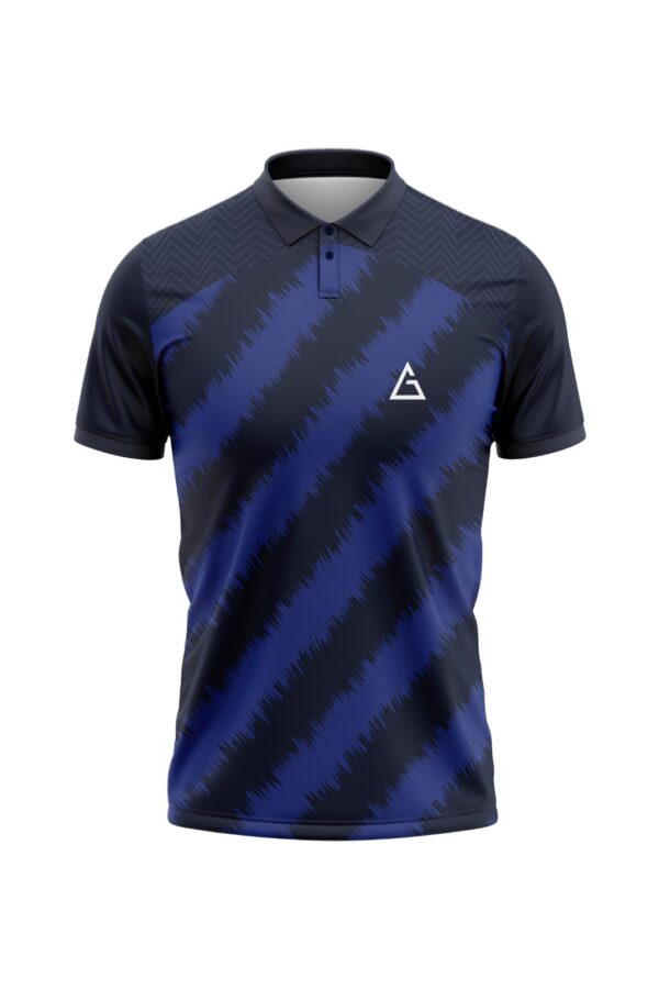 Back view of StrikerPro Custom Cricket Jersey navy blue and black design with premium performance fabric