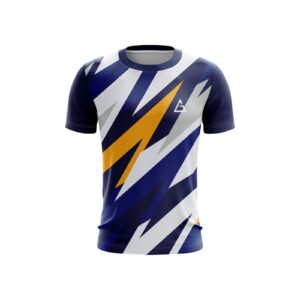 Front view of Aidan Global Thunderstrike Soccer Jersey featuring bold lightning patterns in navy, white, and yellow with a sleek round-neck design