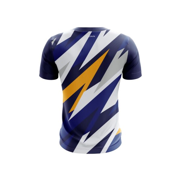 Back view of Aidan Global Thunderstrike Soccer Jersey showcasing a clean lightning-inspired design in navy, white, and yellow with a tailored fit for comfort and style