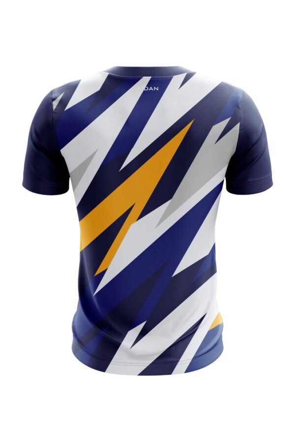 Back view of Aidan Global Thunderstrike Soccer Jersey showcasing a clean lightning-inspired design in navy, white, and yellow with a tailored fit for comfort and style