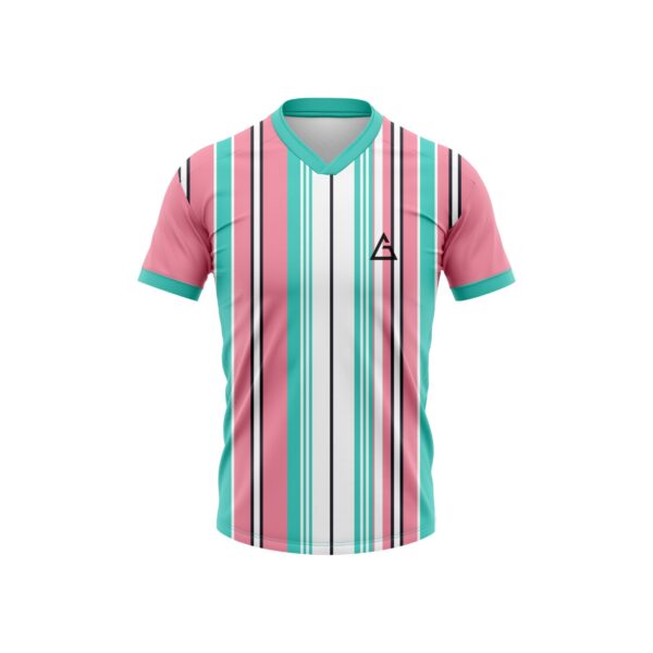 Front view of Aidan Global Velocity Striped Soccer Jersey with vibrant pink, teal, and white stripes and a comfortable V-neck design