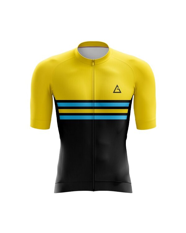 Aidon Global VelocityRide Cycling Jersey front view in yellow and black, featuring a sleek race-fit design and breathable fabric