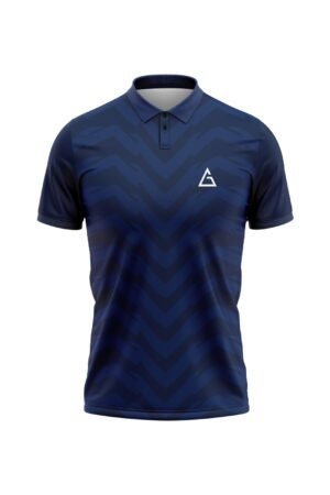 Front view of the Aidan Global Midnight Wave Soccer Jersey with a navy chevron design and polo collar, offering a sleek and professional look