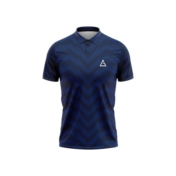 Front view of the Aidan Global Midnight Wave Soccer Jersey with a navy chevron design and polo collar, offering a sleek and professional look