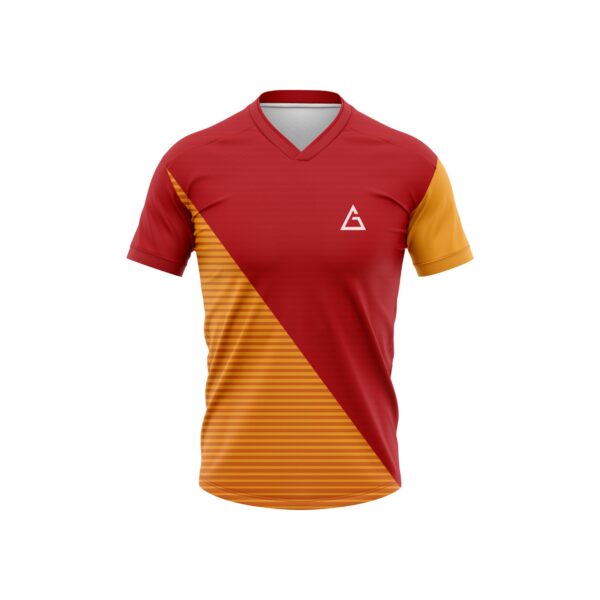 Aidon Global ProStrike Soccer Jersey with red and gold diagonal design, modern fit, and customizable front panel.