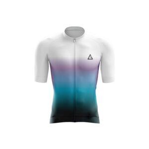 Front view of Aidan Global Gradient Flow Cycling Jersey in white, blue, and black with race-fit design