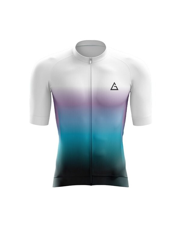 Front view of Aidan Global Gradient Flow Cycling Jersey in white, blue, and black with race-fit design