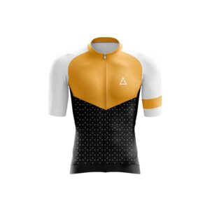 Front view of Aidan Global Dusk Vibe Cycling Jersey in golden-yellow, black, and white with dotted accents and race-fit design