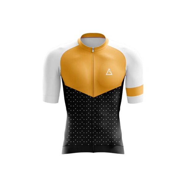 Front view of Aidan Global Dusk Vibe Cycling Jersey in golden-yellow, black, and white with dotted accents and race-fit design